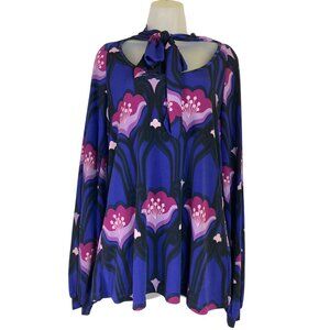 Purple Floral Long-Sleeve‎ Blouse With Bow Tie Neck Large Retro Seventies Sexy